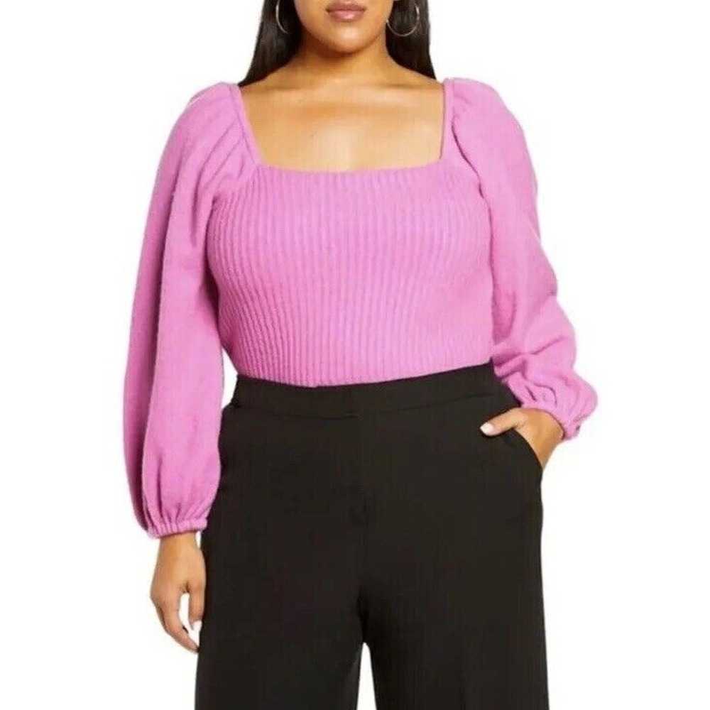 Halogen Sweater Womens Sz‎ 3X Plus Puff Sleeve Square Neck Knit Wool Blend Pink